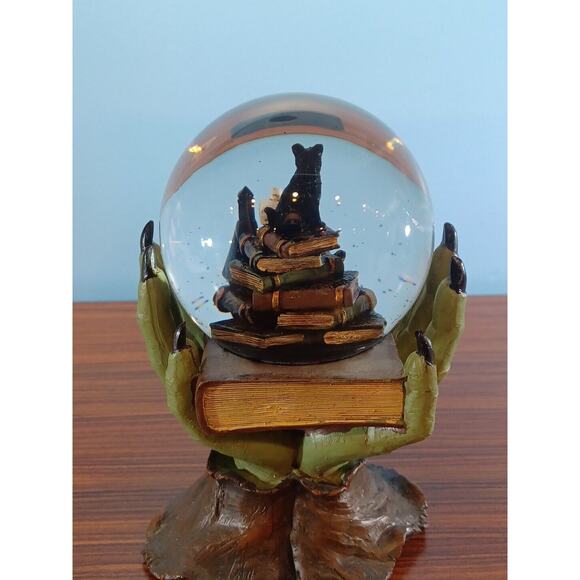 Halloween Spooky Witch Hand Black Cat Book of Spells Water Globe with Black Bats - Picture 4 of 16